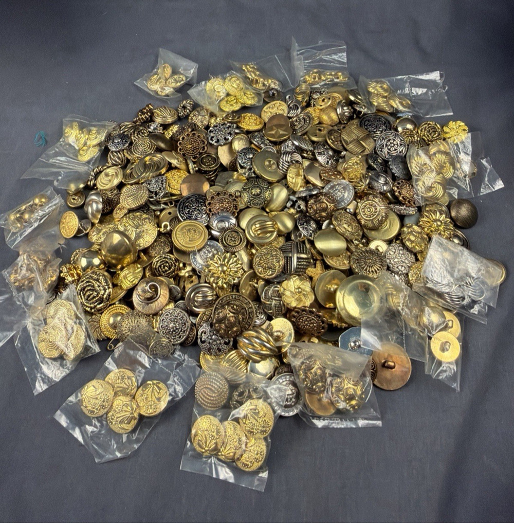 Vintage LOT of 400+ Brass, Gold & Silver Metal Tone Buttons Shanks